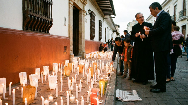 velitas encendidas en el andén de una casa colombiana durante la víspera del festivo de la Inmaculada del 8 de diciembre