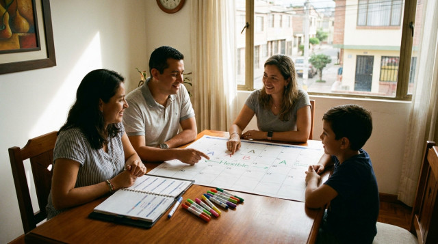 familia colombiana revisando el calendario A, B y flexible en una mesa con agenda escolar y marcadores de colores para planificar los recesos