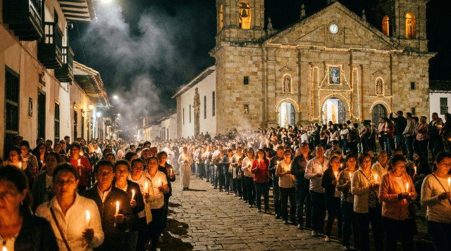 procesión de la Candelaria en pueblo colombiano con fieles portando velas encendidas frente a una iglesia colonial, luz cálida y ambiente nocturno