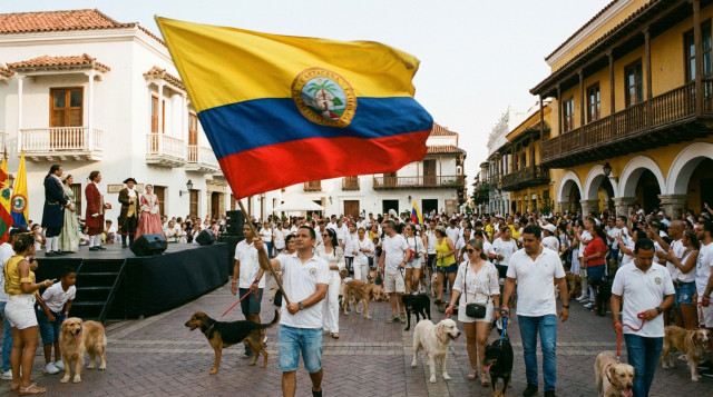Entrada de la Plaza de la Aduana en Cartagena con una bandera ondeando y público en un acto cívico por la Independencia de Cartagena
