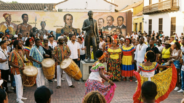 Día de la Afrocolombianidad el 21 de mayo, acto conmemorativo con tambores y trajes tradicionales en una plaza de Colombia