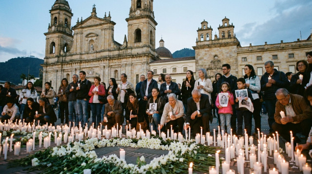 Plaza de Bolívar en Bogotá con velas y flores blancas en el Día de las Víctimas el 9 de abril
