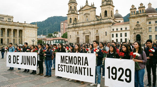 estudiantes universitarios colombianos reunidos en una plaza de Bogotá para el Día del Estudiante el 8 de junio, con pancartas y flores en homenaje
