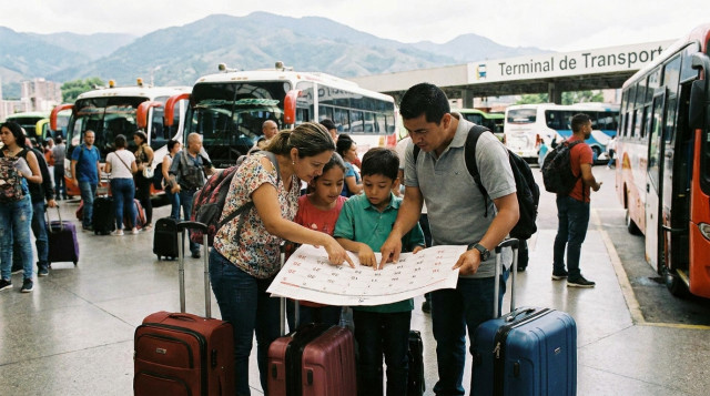 familia colombiana con maletas en una terminal de buses planeando escapadas cortas en un fin de semana largo con un calendario en la mano