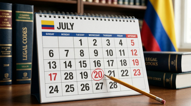 calendario de pared de Colombia con un plazo que vence en festivo marcado en rojo y un lápiz señalando el siguiente día hábil