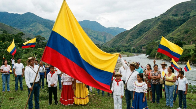 ciudadanos colombianos en un acto cívico con banderas y niños izando la bandera, texto alternativo '20 de julio fecha símbolo de Colombia'
