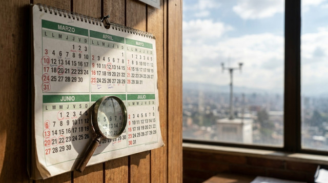 calendario de pared abierto mostrando los meses de marzo a julio con marcas rojas en festivos, superposición de una lupa sobre las fechas móviles; incluir texto pequeño 'rachas y c
