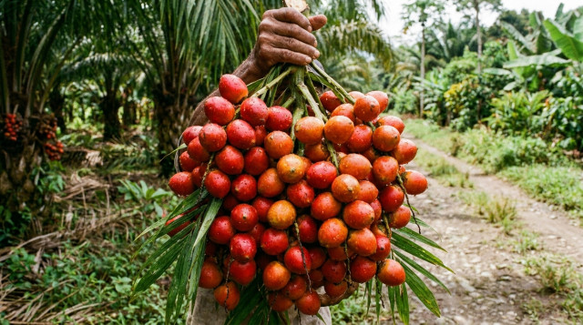 Un racimo de chontaduros rojos y anaranjados recién cosechados de la palma en una zona rural del Pacífico colombiano