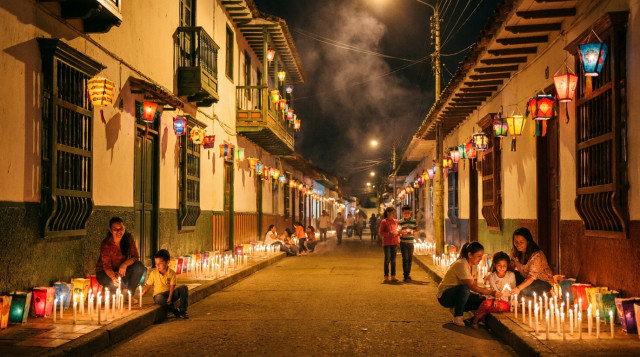 Una calle colombiana decorada con cientos de velas encendidas y faroles artesanales de colores frente a las casas durante la noche del Día de las Velitas