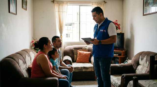 Un funcionario del Sisbén con chaleco oficial realizando una encuesta en una vivienda colombiana, utilizando una tableta digital para registrar los datos socioeconómicos de la fami