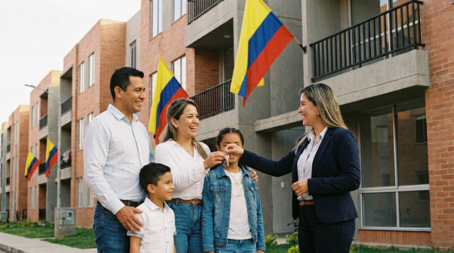 Una familia colombiana sonriente recibiendo las llaves de su nueva casa de interés social frente a un conjunto residencial moderno con banderas de Colombia