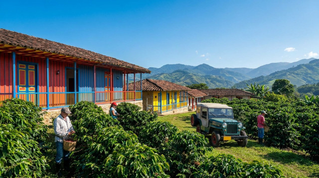 Una finca cafetera tradicional con arquitectura de madera colorida rodeada de cafetales verdes bajo un cielo despejado en el Eje Cafetero