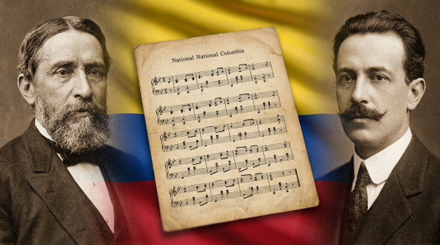 Una partitura antigua del Himno Nacional de Colombia sobre una bandera tricolor difuminada con la figura de Rafael Núñez y Oreste Síndici en los costados