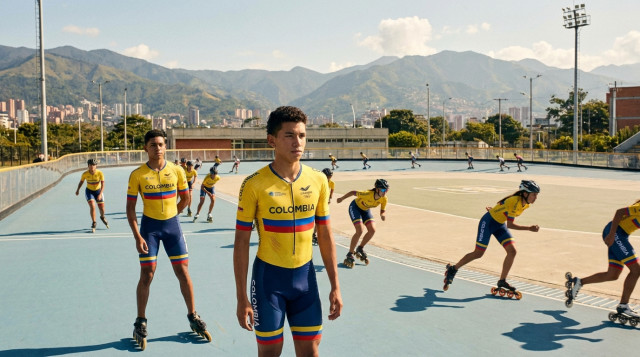 Jóvenes patinadores colombianos entrenando en un patinódromo moderno con el uniforme de la selección nacional bajo el sol