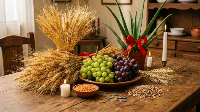 Una mesa tradicional colombiana con espigas de trigo, uvas y una planta de sábila con una cinta roja para representar los agüeros colombianos