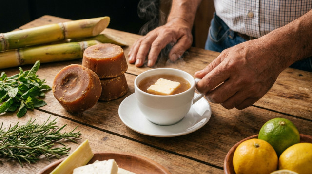 Bloques de panela artesanal junto a una taza de aguapanela caliente con queso, resaltando los beneficios de la panela para la salud en la dieta diaria