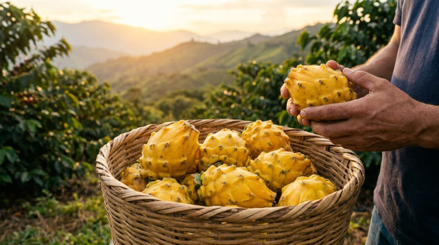 Una canasta de mimbre llena de pitahayas amarillas recién cosechadas en una finca del Huila, con el paisaje montañoso de los Andes colombianos al fondo