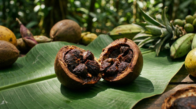 Primer plano de un fruto de borojó abierto mostrando su pulpa densa de color café oscuro sobre una hoja de plátano verde