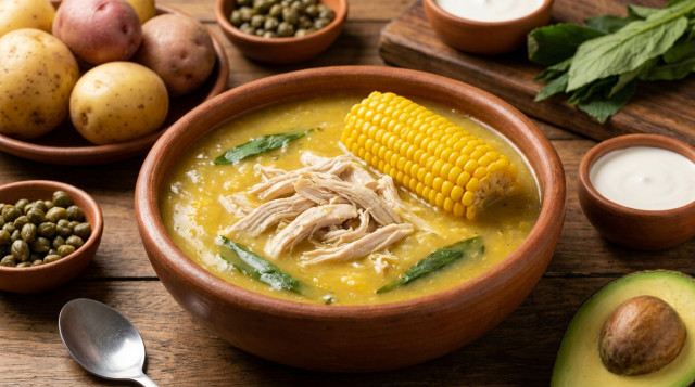 Un plato de barro tradicional con ajiaco santafereño, mostrando el pollo desmechado, una mazorca, y las guascas verdes flotando en un caldo espeso amarillo.