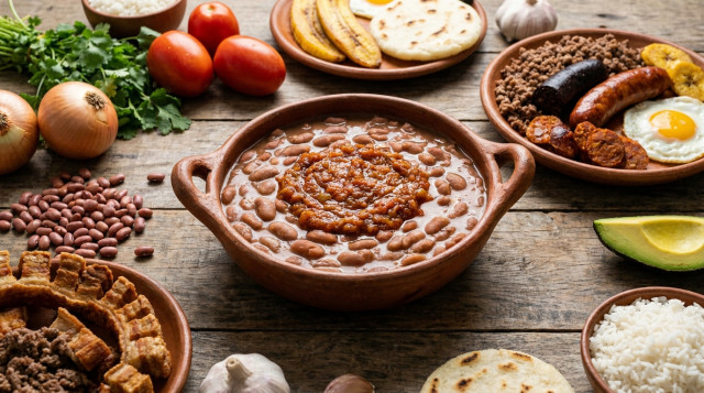 Un plato de frijoles cargamanto espesos servidos en una cazuela de barro con hogao por encima, rodeado de ingredientes de la bandeja paisa