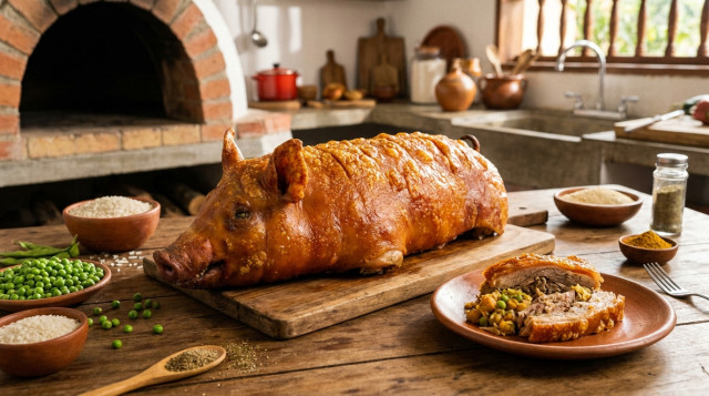 Una lechona tolimense original recién salida del horno con el cuero dorado y crocante, servida en una mesa de madera tradicional
