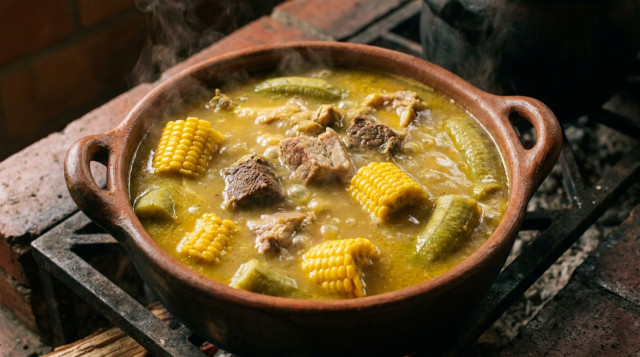 Un primer plano de una olla de barro grande donde se ve el sancocho trifásico colombiano hirviendo con trozos de mazorca, carne y plátano verde en un caldo espeso y amarillento