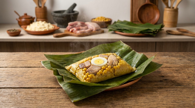 Un tamal tolimense abierto sobre una mesa de madera, mostrando su relleno de huevo, carne de cerdo, pollo y arvejas amarillas, envuelto en hojas de bijao verdes.