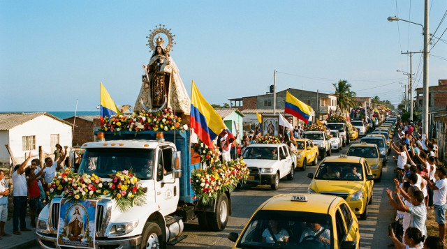Una caravana de camiones y taxis decorados con flores y banderas de Colombia, con una estatua de la Virgen del Carmen en el vehículo principal bajo un cielo despejado