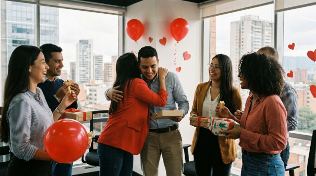 Un grupo de compañeros de oficina colombianos riendo y compartiendo regalos durante la celebración del Amigo Secreto en el Día del Amor y la Amistad