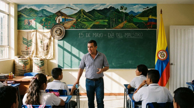 Un profesor colombiano enseñando en un aula de clases con elementos culturales del país al fondo