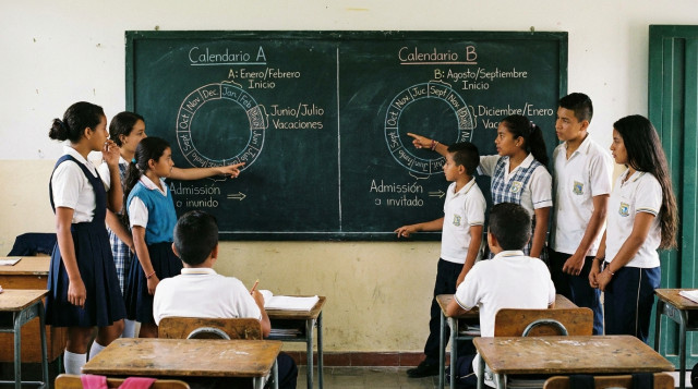 Estudiantes colombianos de diferentes niveles educativos frente a un tablero que compara los meses de inicio de los calendarios A y B