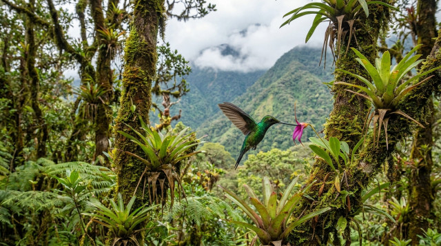 Un colibrí colorido libando de una flor de orquídea en un bosque de niebla andino colombiano con montañas verdes al fondo