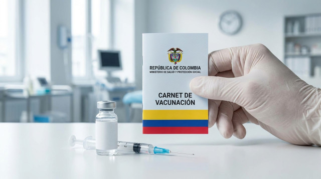 Una mano sosteniendo un carnet de vacunación oficial de Colombia junto a una ampolleta de vacuna y una jeringa en un entorno clínico limpio