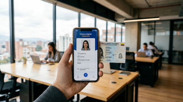Una mano sosteniendo un smartphone que muestra la aplicación oficial de la cédula digital colombiana junto a la tarjeta física de policarbonato, con un fondo de oficina moderna de