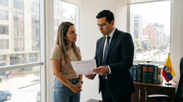 Un abogado colombiano explicando un documento de liquidación de cuota alimentaria a una madre en una oficina iluminada con luz natural