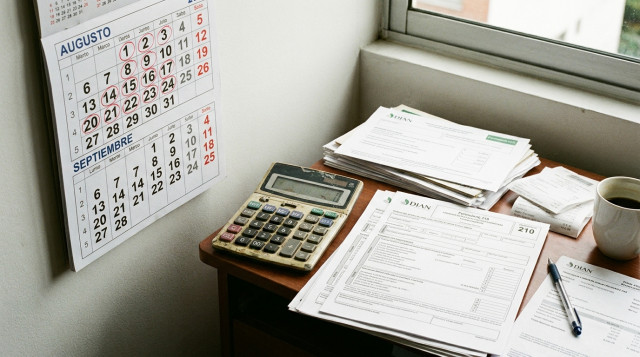 Un calendario con fechas marcadas en rojo junto a una calculadora y documentos de la declaración de renta en Colombia