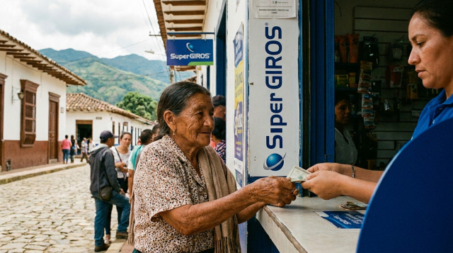 Una persona mayor recibiendo su pago del subsidio en un punto de SuperGIROS en un pueblo típico colombiano