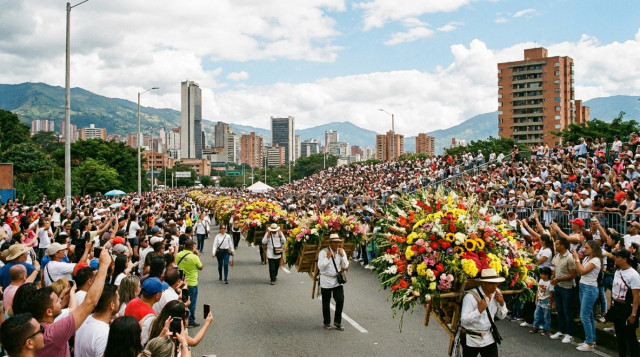Silleteros desfilando por la Avenida Regional de Medellín con silletas monumentales