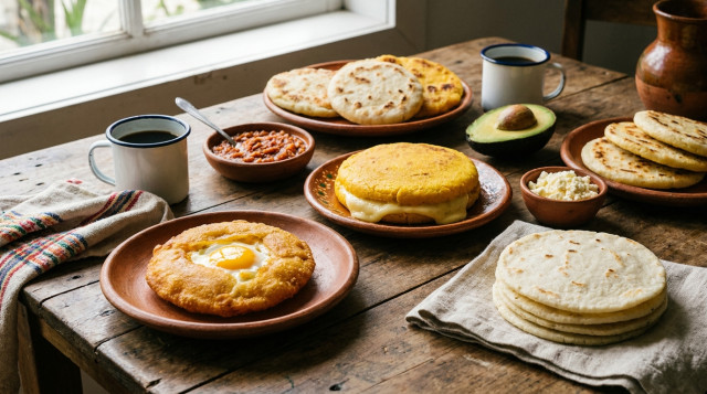Una mesa típica colombiana con diferentes tipos de arepas, incluyendo arepa de huevo, arepa boyacense y arepa de tela, servidas en platos de barro