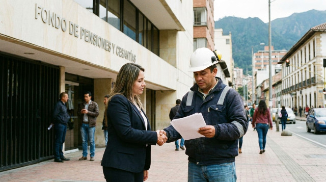 Un trabajador colombiano revisando documentos de retiro de cesantías frente a una oficina de un fondo de pensiones con un apretón de manos simbólico
