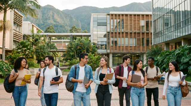 Estudiantes universitarios caminando por un campus moderno en Colombia con edificios académicos de fondo