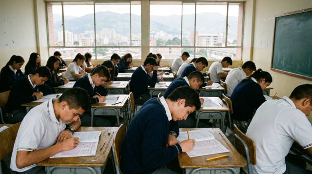 Estudiantes colombianos concentrados presentando el examen Saber 11 en un salón de clases con sus cuadernillos y hojas de respuesta