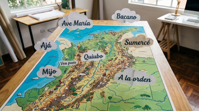 Mapa ilustrado de Colombia con nubes de texto que muestran expresiones típicas de diferentes regiones como ave maría, bacano y ajá, representando la diversidad de los acentos en Co