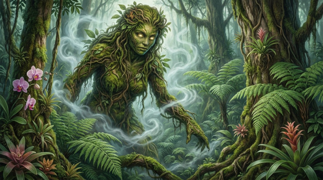 Una ilustración artística de la Madremonte rodeada de vegetación selvática colombiana y neblina mística