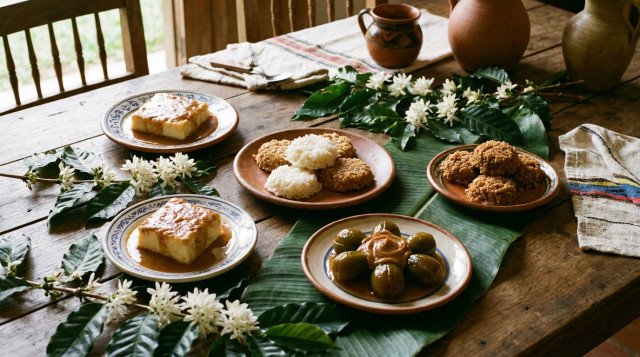 Una mesa de madera rústica con variedad de postres tradicionales de Colombia como postre de natas, cocadas blancas y de panela, y brevas con arequipe, decorada con flores de cafeta