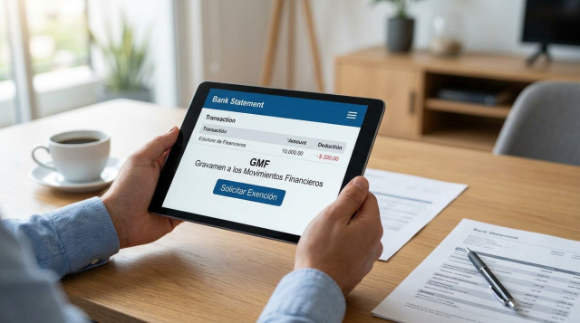 Un extracto bancario digital en una tablet donde se observa claramente el descuento del Gravamen a los Movimientos Financieros y un botón de configuración para solicitar la exenció