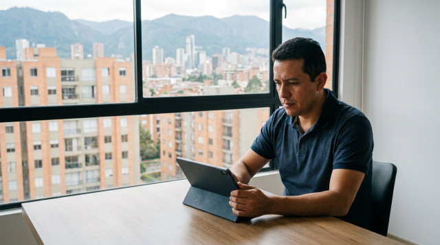 Un ciudadano colombiano utilizando una tableta para pagar el impuesto predial en línea frente a una ventana con vista a edificios residenciales