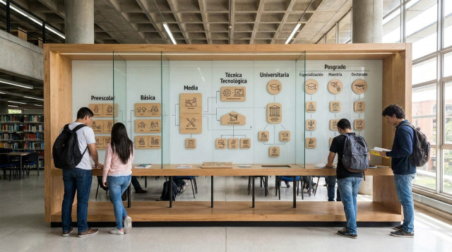 Infografía detallada sobre los niveles del sistema educativo en Colombia desde preescolar hasta el doctorado