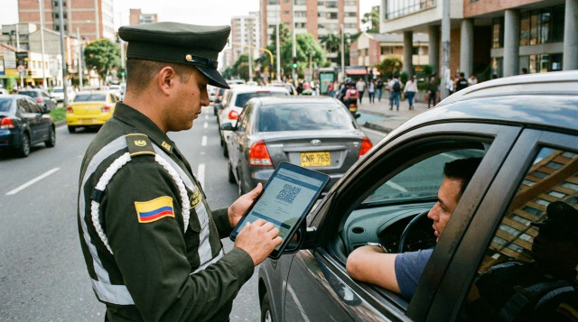 Un agente de tránsito en Colombia verificando el SOAT digital en una tableta frente a un vehículo particular en una avenida principal
