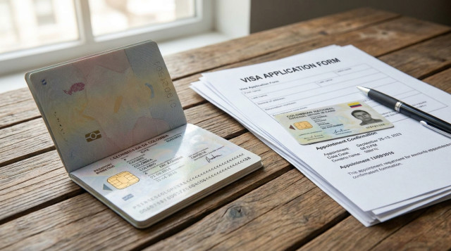 Primer plano de un pasaporte colombiano con chip biométrico sobre una mesa de madera con documentos de viaje